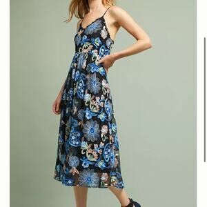 Eri + Ali Dress Anthropologie Floral Lace Thin Strap Black/Blue Maxi Dress Sz S